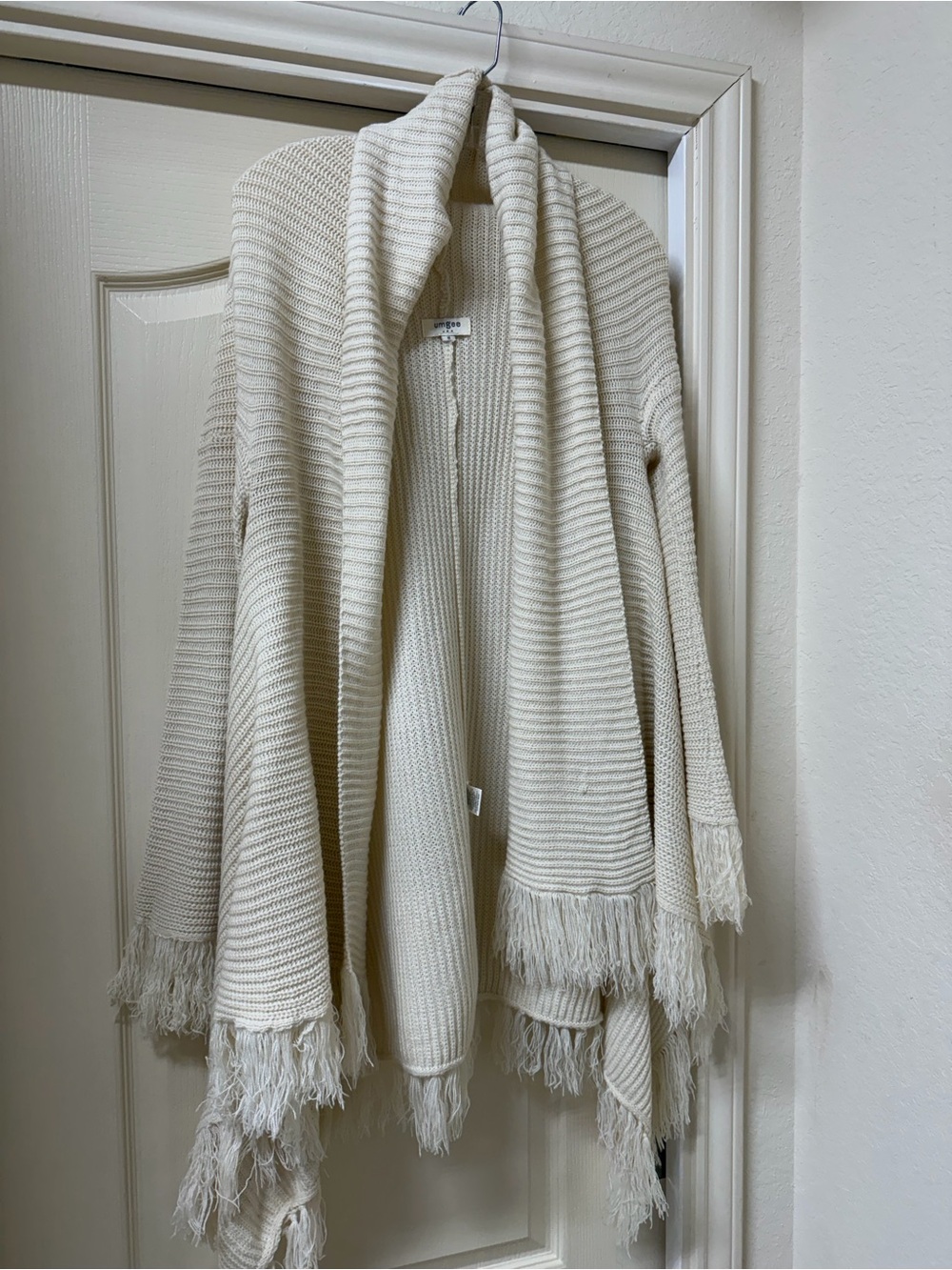 Umgee Cream Open-Front Fringe Knit Sweater